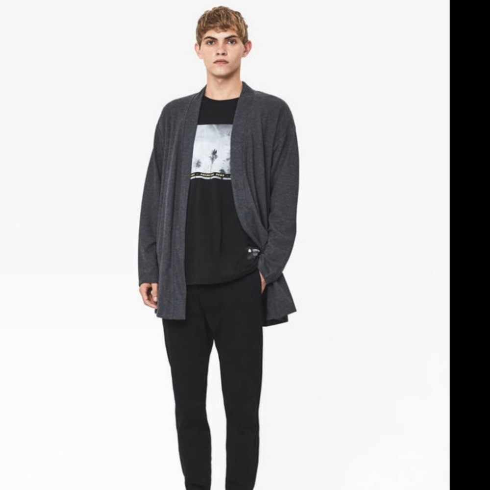 New! Bershka mens small dark  grey knit open cardigan with pockets.